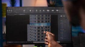 Architect engineer pointing at architectural building prototype Architect engineer pointing at architectural building prototype analyzing construction model on computer. Businessman designer working remote from home at real estate project modeling sketch